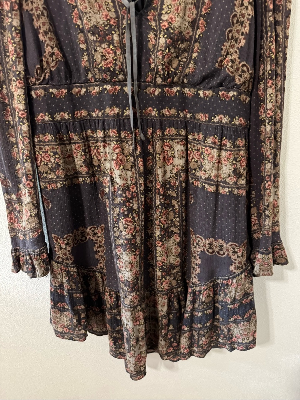 Free People Bridgette Mini Dress Brown Floral V Neck Tie Long Sleeve Peasant-S - Picture 5 of 11